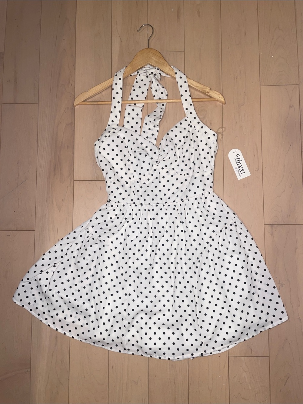 NWT - TRIXXI Mini Dress White & Black Polka Dot Halter Luxury Stylish Trendy